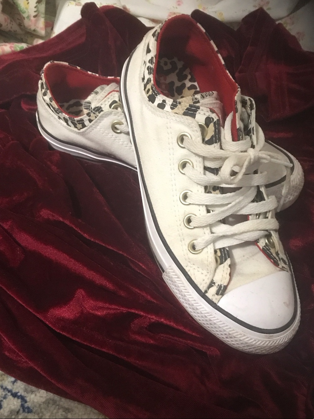 Converse White Low-Top Sneakers with Leopard Trim and Red Lining